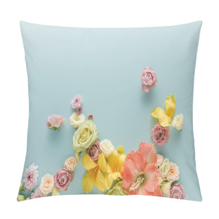Personality  Top View Of Spring Flowers Scattered On Blue Background Pillow Covers