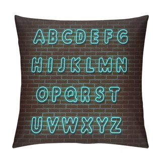Personality  Neon Blue Alphabet Type Font Vector Isolated On Brick Wall. ABC Typography Letters Light Symbol, Decoration Text Effect. Neon Alphabet Font Illustration Pillow Covers