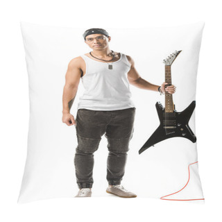 Personality  Handsome Male Rock Musician Posing With Black Electric Guitar Isolated On White Pillow Covers