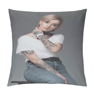 Personality  Beautiful Tattooed Girl In White T-shirt Sitting On Stool And Looking At Camera Isolated On Grey Pillow Covers