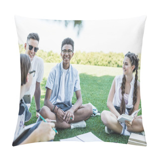 Personality  Happy Multiethnic Teenage Students Sitting On Grass And Studying Together In Park Pillow Covers
