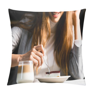 Personality  Cropped View Of Happy Woman Eating Cake With Coffee In Cafe  Pillow Covers