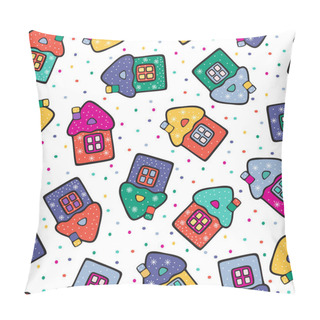 Personality  Cute Cartoon Houses With Snowflakes On The Background Of Bright Dots. Winter Christmas Color Vector Drawing. Pillow Covers