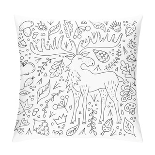 Personality  Outline Moose On The Background Of Forest Elements. Hand-drawn Pattern For Coloring Book. Vector Pillow Covers