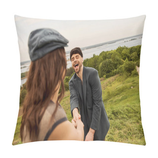 Personality  Cheerful And Trendy Bearded Man In Jacket And Newsboy Cap Holding Hand Of Blurred Girlfriend While Standing With Scenic Landscape And Sky At Background, Fashion-forwards In Countryside Pillow Covers