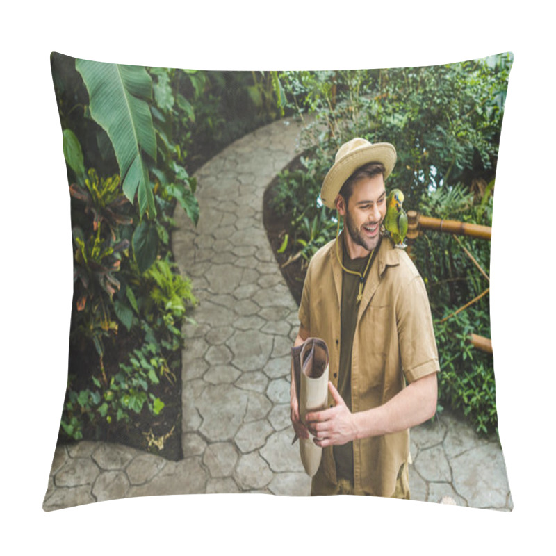 Personality  Handsome Young Man With Parrot On Shoulder Walking By Jungle Park Pillow Covers
