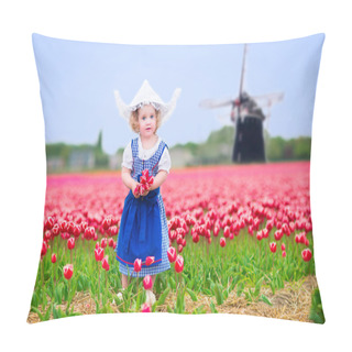 Personality  Little Girl In A National Dutch Costume In Tulips Field With Windmill Pillow Covers