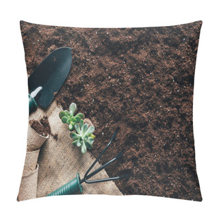 Personality  Top View Of Gardening Tools, Flower Pots And Green Plants On Sackcloth On Soil Pillow Covers