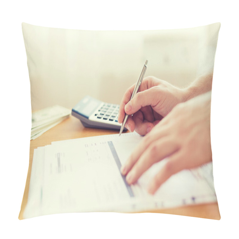 Personality  Close Up Of Man Counting Money And Making Notes Pillow Covers