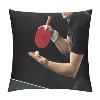 Personality  Cropped Shot Of Tennis Player With Tennis Ball And Racket In Hands Isolated On Black Pillow Covers