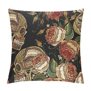 Personality  Embroidery Skull And Roses Flowers Seamless Pattern Pillow Covers