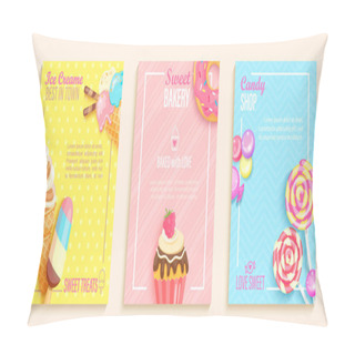 Personality  Set Of Sweet Candies, Bakery And Ice Cream Shops Flyers. Pillow Covers