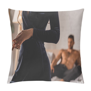 Personality  Selective Focus Of Woman Taking Off Wedding Ring With Shirtless Man On Bed At Background  Pillow Covers