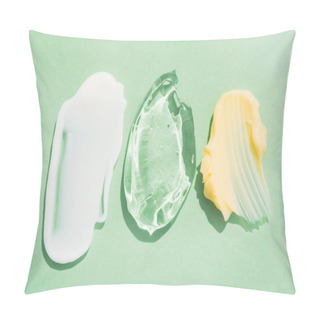 Personality  Cream And Gel Smudges Over Green Background, Various Cosmetic Products Texture. Cream And Gel Smears. Skincare And Beauty Product Pillow Covers