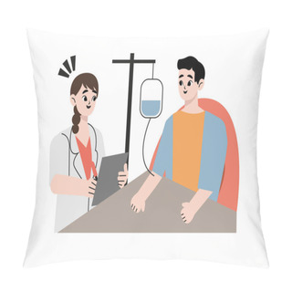 Personality  Doctor Check Patient Health Condition. Doctors Treating The Patient, Hospitalization Of The Patient. Doctor's Visit To Ward Of Patient Man Lying In A Medical Bed. Vector Illustration In A Flat Style Pillow Covers