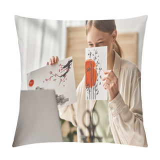 Personality  Teenager Girl Showing Her Artwork While Covering Face And Looking At Her Laptop, Art Class Online Pillow Covers