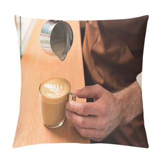 Personality  Cropped View Of Barista Pouring Milk In Coffee Pillow Covers