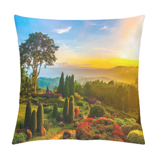 Personality  Beautiful Garden Of Colorful Flowers On Hill With Sunrise In The Pillow Covers