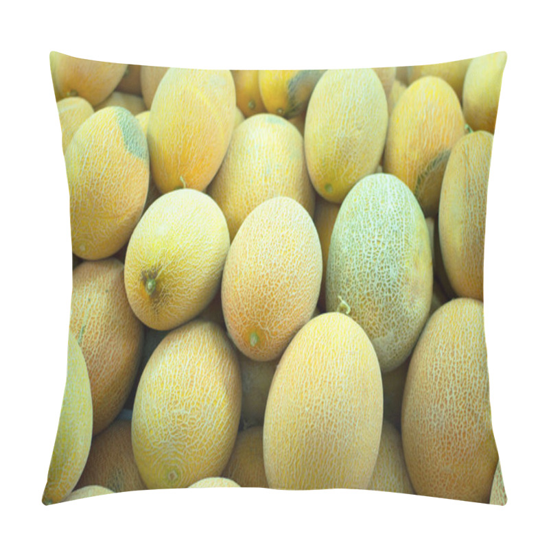 Personality  Fresh melon laid out on the counter of the market. Top view. Close-up pillow covers