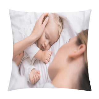 Personality  Mother Touching Head Of Little Son Sleeping In Bedroom, Blurred Foreground Pillow Covers