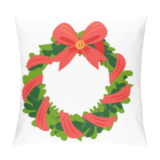 Personality  Christmas Wreath With Ribbons, Balls And Bow. Christmas Wreath Of Holly With Red Berries. New Year Holiday Celebration In December Pillow Covers