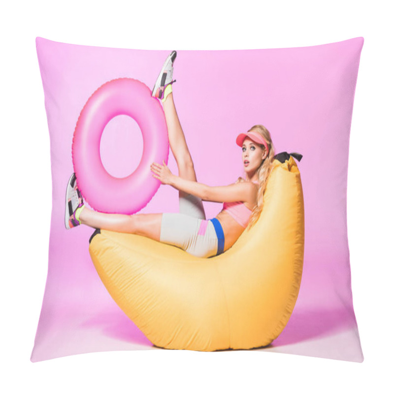 Personality  attractive girl on bean bag chair with inflatable swim ring on pink, doll concept pillow covers