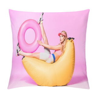 Personality  Attractive Girl On Bean Bag Chair With Inflatable Swim Ring On Pink, Doll Concept Pillow Covers