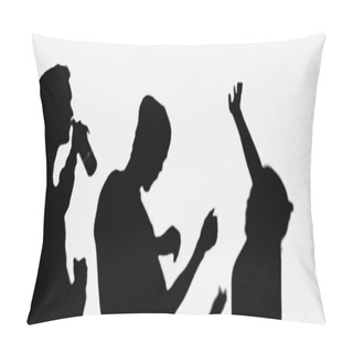 Personality  Black Shadows Of Friends Dancing Near Man Drinking Beer Isolated On White Pillow Covers