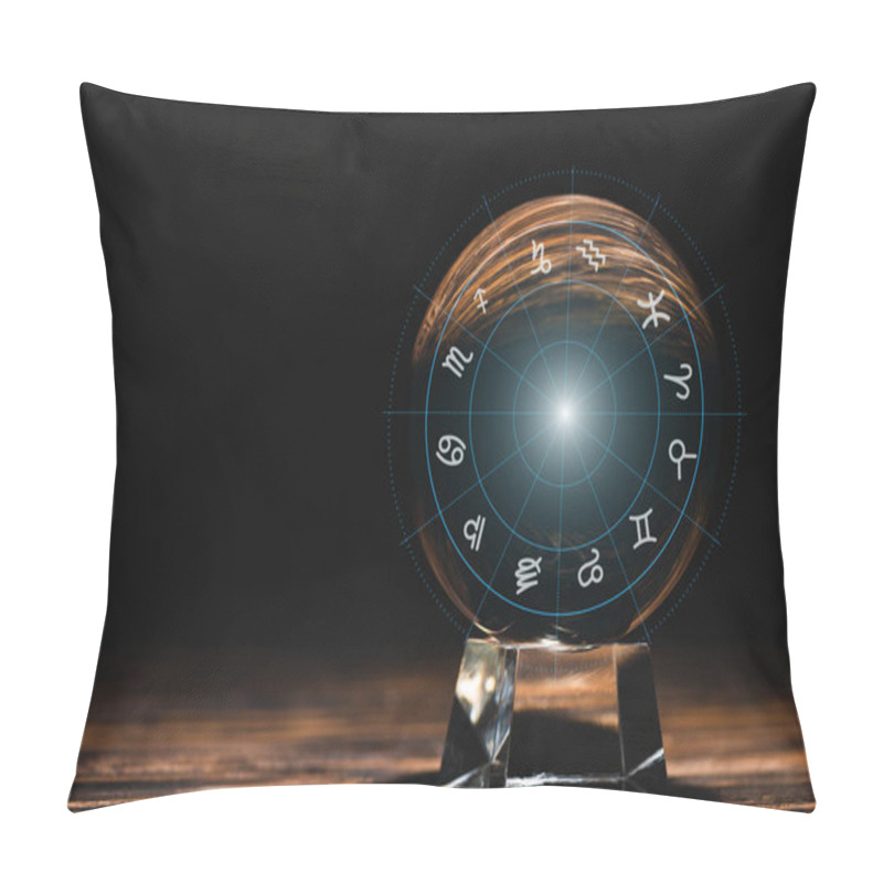 Personality  Crystal Ball With Zodiac Signs Illustration On Wooden Table Isolated On Black Pillow Covers