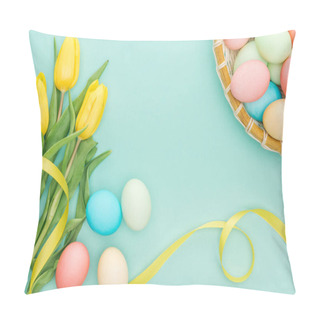 Personality  Top View Of Yellow Tulips With Ribbon And Easter Eggs In Wicker Plate Isolated On Blue  Pillow Covers