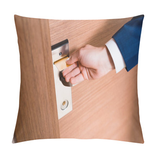 Personality  Cropped View Of Man Using Hotel Card While Opening Door  Pillow Covers
