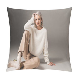 Personality  Elegant Beautiful Girl Posing In White Sweater And Autumn Heels, On Grey  Pillow Covers