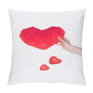 Personality  Cropped Shot Of Woman Holding Soft Red Heart Pillow Isolated On White Pillow Covers