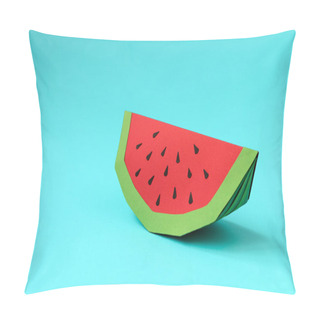 Personality  Paper Watermelon Slice On Blue Pastel Background. Creative Idea. Art Food Concept. Pillow Covers