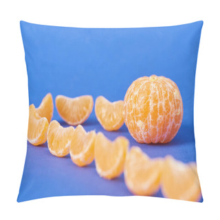 Personality  Selective Focus Of Tangerine Slices Near Peeled Clementine On Blue Background Pillow Covers
