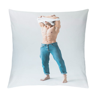 Personality  Muscular Man Covering Face While Taking Off White T-shirt And Standing On White  Pillow Covers