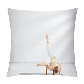 Personality  Young Woman Balancing On Hands On Yoga Mat  Pillow Covers