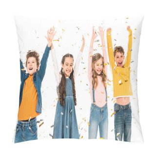 Personality  Four Happy Kids Waving Hands Under Confetti Isolated On White Pillow Covers