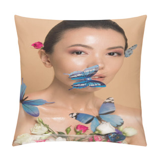 Personality  Attractive Tender Naked Asian Girl In Flowers With Butterflies On Face Isolated On Beige Pillow Covers