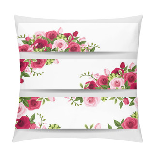 Personality  Banners With Red And Pink Roses And Freesia Flowers. Vector Illustration. Pillow Covers