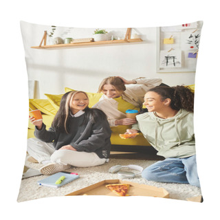 Personality  Diverse Young Women Enjoy Each Others Company On A Bright Yellow Couch In A Cozy Living Room Setting. Pillow Covers