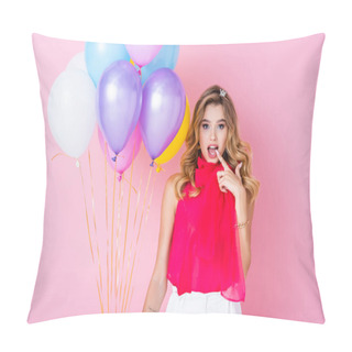 Personality  Elegant Surprised Woman In Crown With Balloons On Pink Background Pillow Covers