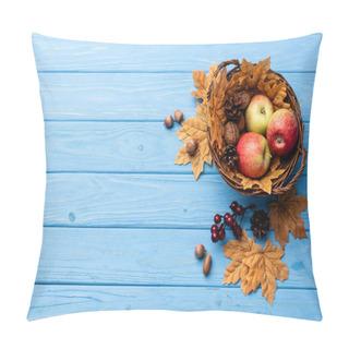 Personality  Top View Of Autumnal Wicker Basket With Apples, Nuts And Cones On Blue Wooden Background Pillow Covers