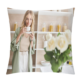 Personality  Woman Standing In Front Of Kitchen Shelf, Holding A Cup. Pillow Covers