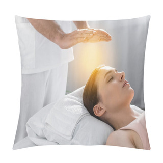 Personality  Cropped View Of Healer Standing Near Patient On Massage Table And Cleaning Aura Pillow Covers