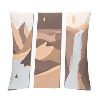 Personality  Abstract Contemporary Aesthetic Backgrounds Landscapes Set With Mountains, River, Lake, Desert, Sand Dunes, Waterfall. Vector Illustration Pillow Covers