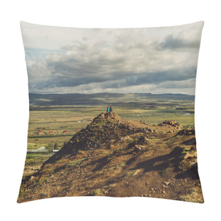 Personality  Back View Of Couple Sitting On Cliff And Looking At Scenic Wild Landscape In Iceland  Pillow Covers