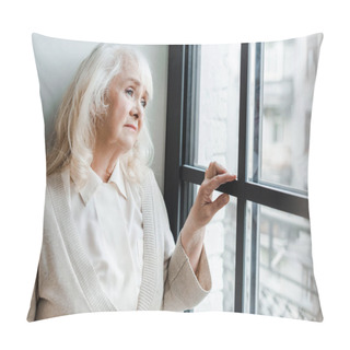 Personality  Sad Elderly Woman Looking Through Window During Self Isolation Pillow Covers