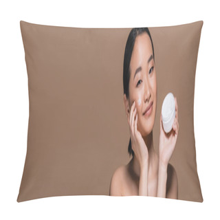 Personality  Smiling Asian Model Applying Face Cream On Cheek Isolated On Brown, Banner  Pillow Covers