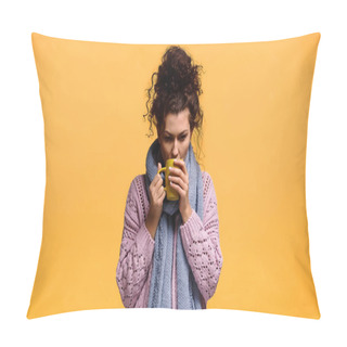 Personality  Frozen Woman In Knitted Sweater Drinking Tea Isolated On Orange Pillow Covers